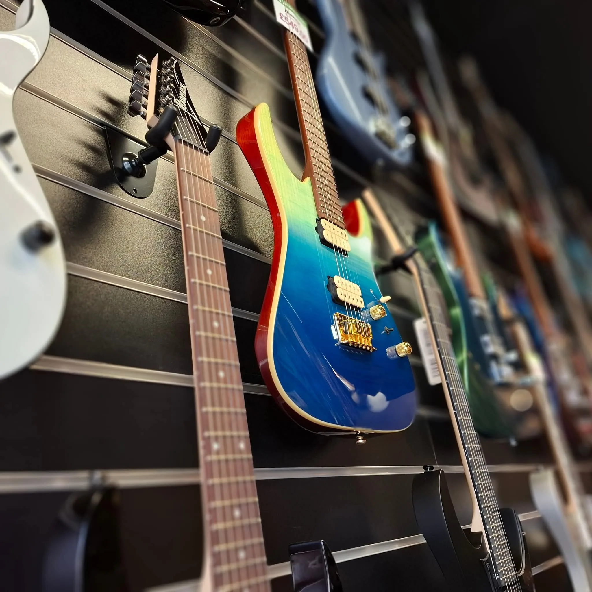 Electric guitars on display in store